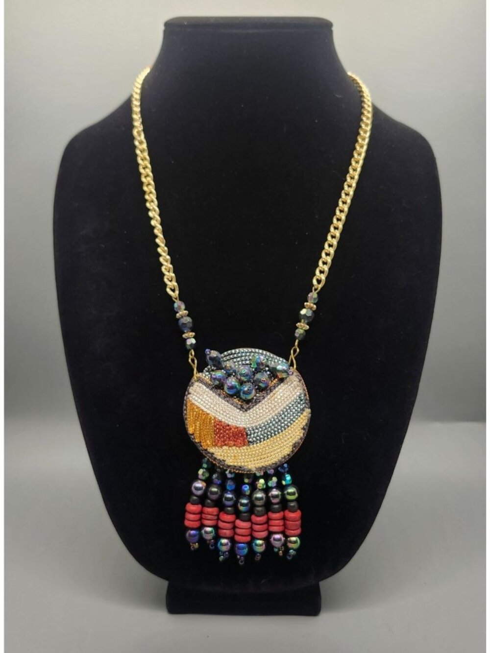 Beaded Statement Necklace With Chain Multicolor Embellishments And Red Accents